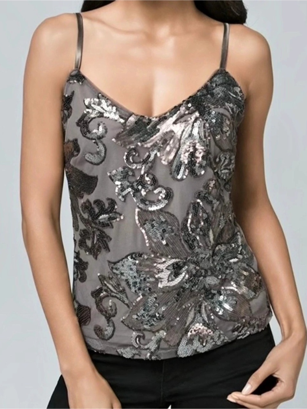 White House Black Market Sequin Floral Cami Gray & Black Medium